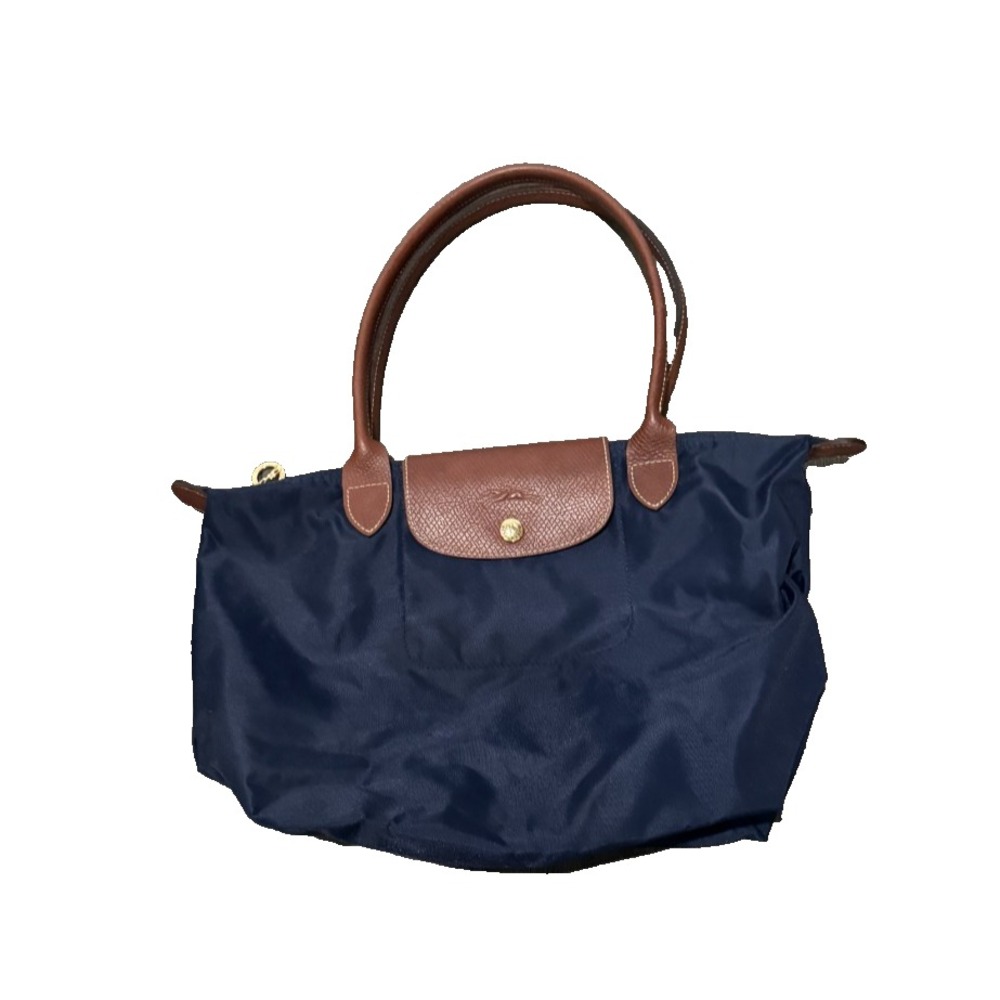 Longchamp Le Pliage Tote Navy Brown Leather Handles Gold Hardware 1 Inner Pocket